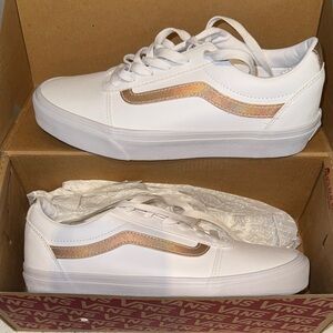 8.5W Vans White Sneakers with Rose Gold Accents